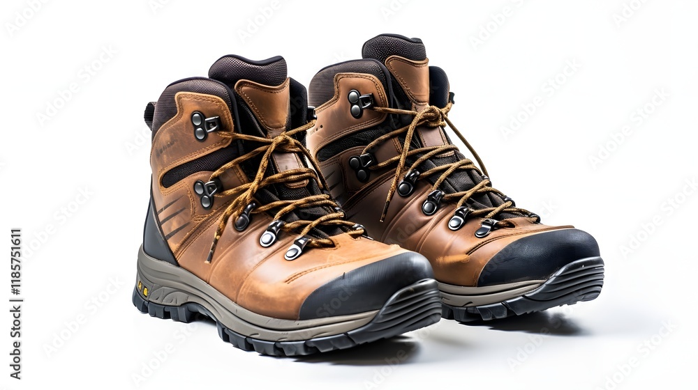 Closeup of a pair of rugged and durable hiking boots with visible textured soles and laces arranged on a clean plain white background Closeup of a pair of rugged and durable hiking boots with visible textured soles and laces arranged on a clean plain white background