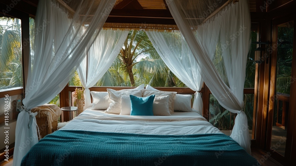 Cozy bedroom with a stunning view, featuring elegant decor and natural light Cozy bedroom with a stunning view, featuring elegant decor and natural light