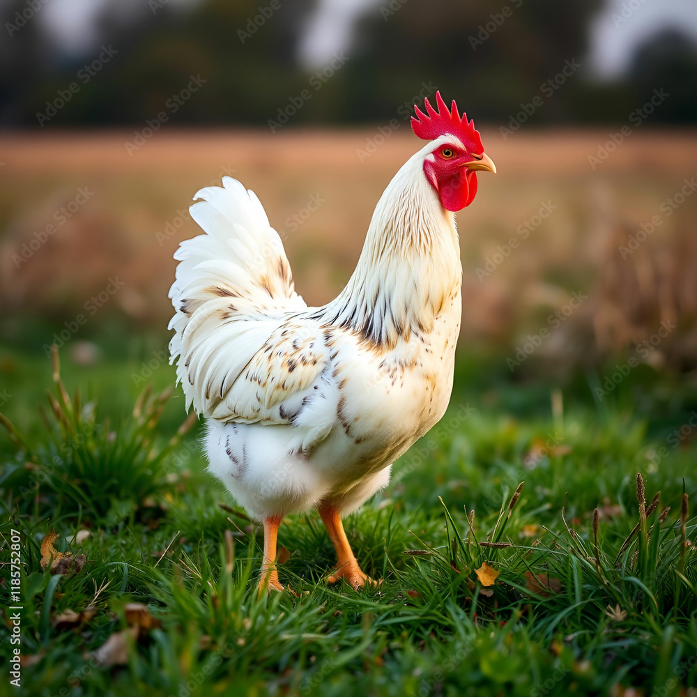 Fototapeta premium Beautiful shot of a chicken standing on the grass in the fields