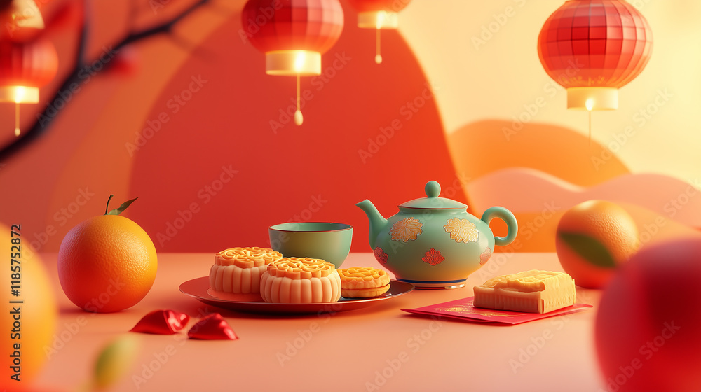 3D Cartoon Illustration of Teapot, Mooncakes, Lanterns, Mandarins, and Festive Red Envelopes. Ai generative 3D Cartoon Illustration of Teapot, Mooncakes, Lanterns, Mandarins, and Festive Red Envelopes. Ai generative