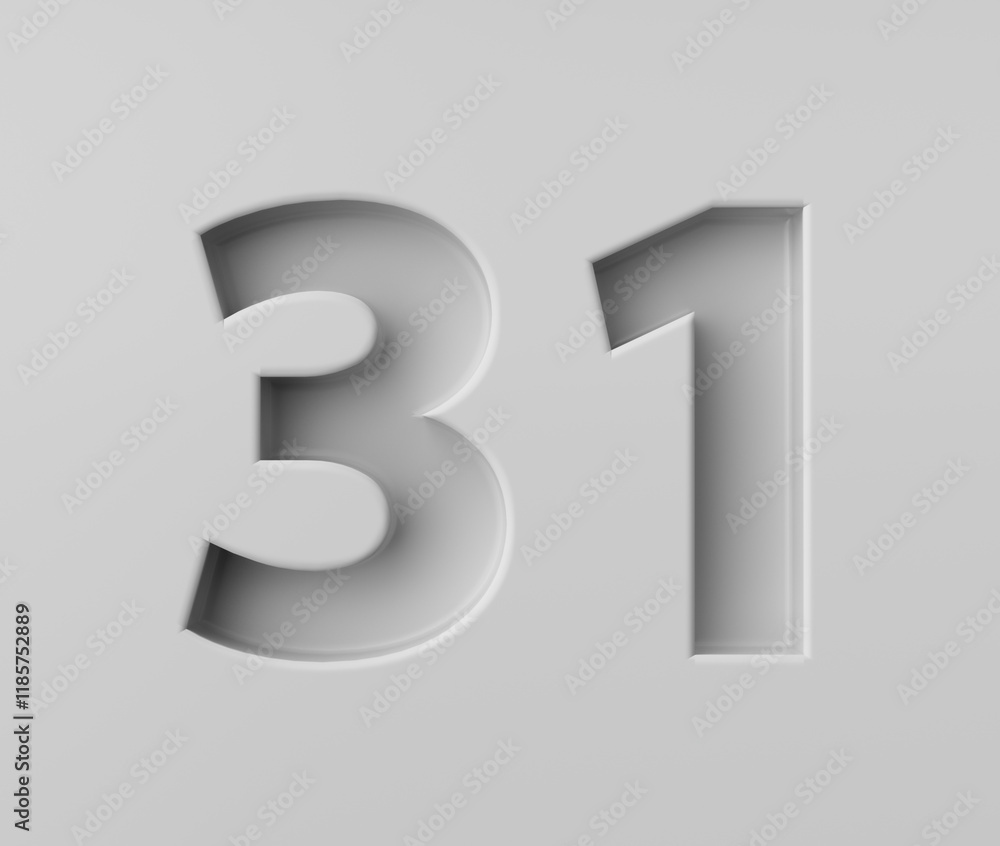 Sleek White Number 31 Thirty One With Subtle Shadow Embossed Into Grey Background 3D Illustration Sleek White Number 31 Thirty One With Subtle Shadow Embossed Into Grey Background 3D Illustration