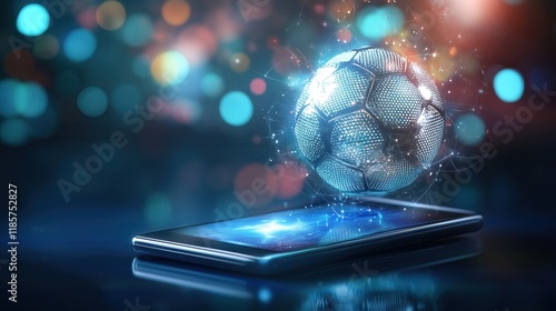 Futuristic soccer ball hovering over smartphone on dark background photo