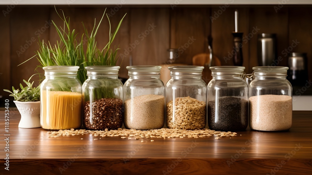 Rustic kitchen counter with jars of rice oats and lentils neatly arranged showcasing a natural wholesome and minimalist kitchen setup ideal for culinary and wellness focused imagery Rustic kitchen counter with jars of rice oats and lentils neatly arranged showcasing a natural wholesome and minimalist kitchen setup ideal for culinary and wellness focused imagery