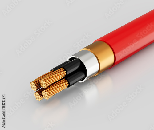 A close up view of a multi stranded electrical cable with a red outer insulation, 3d illustration photo