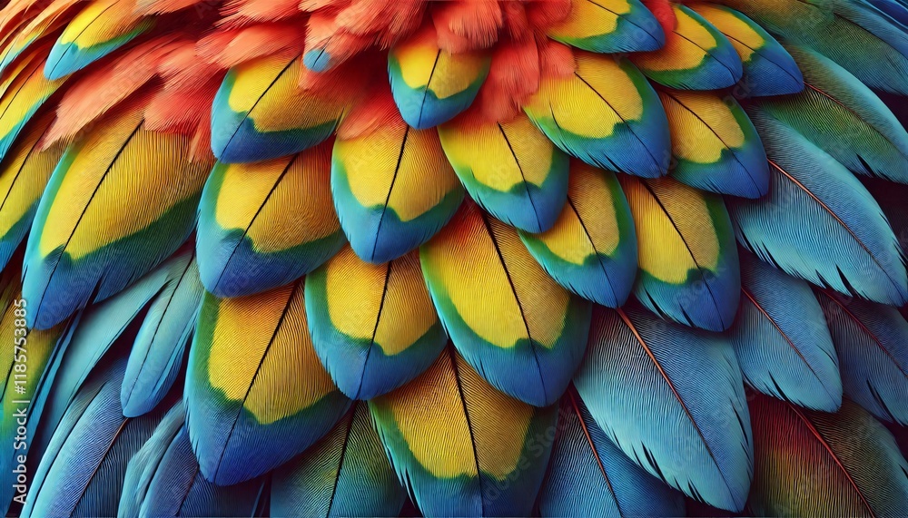 Obraz premium Macaw Feathers Macro: A close-up view of a macaw's vibrant feathers, showcasing their intricate patterns and textures in a captivating display of color and nature's artistry. 