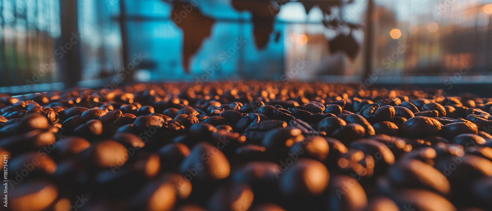 Fototapeta premium Explore global connections through the rich texture of coffee beans in a creative double exposure