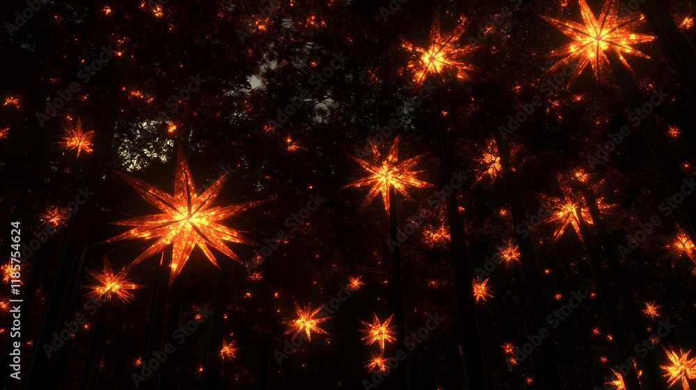 Naklejka premium Enchanting Starry Forest Night Magical Illuminated Trees