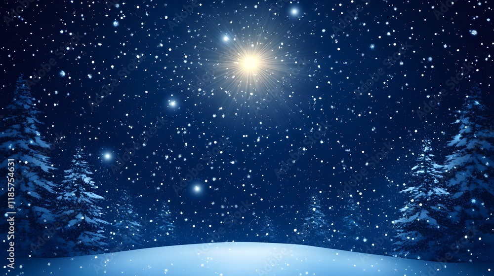 Naklejka premium Magical Winter Night Snowfall Starry Sky Trees