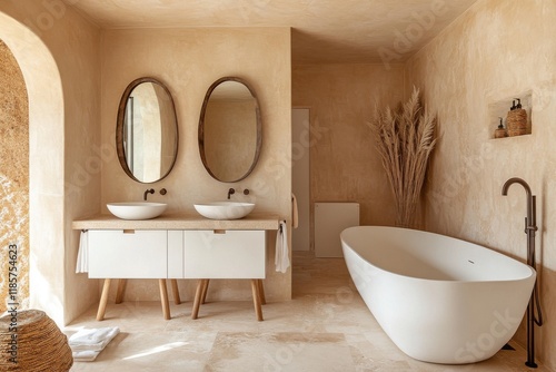 A bathroom with a white tub and two sinks photo