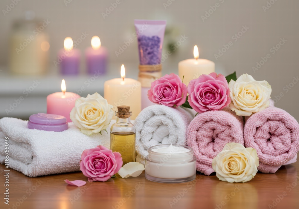 Relaxing Spa Composition: Towels, Flowers, Candles, and Cosmetics Relaxing Spa Composition: Towels, Flowers, Candles, and Cosmetics