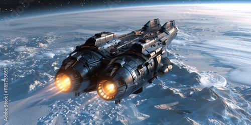 A futuristic spacecraft navigating through space, showcasing advanced propulsion and design.