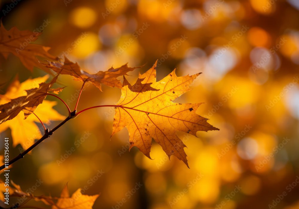 Close-Up of Autumn Leaf with Golden Colors and Blurry Bokeh Effect Close-Up of Autumn Leaf with Golden Colors and Blurry Bokeh Effect