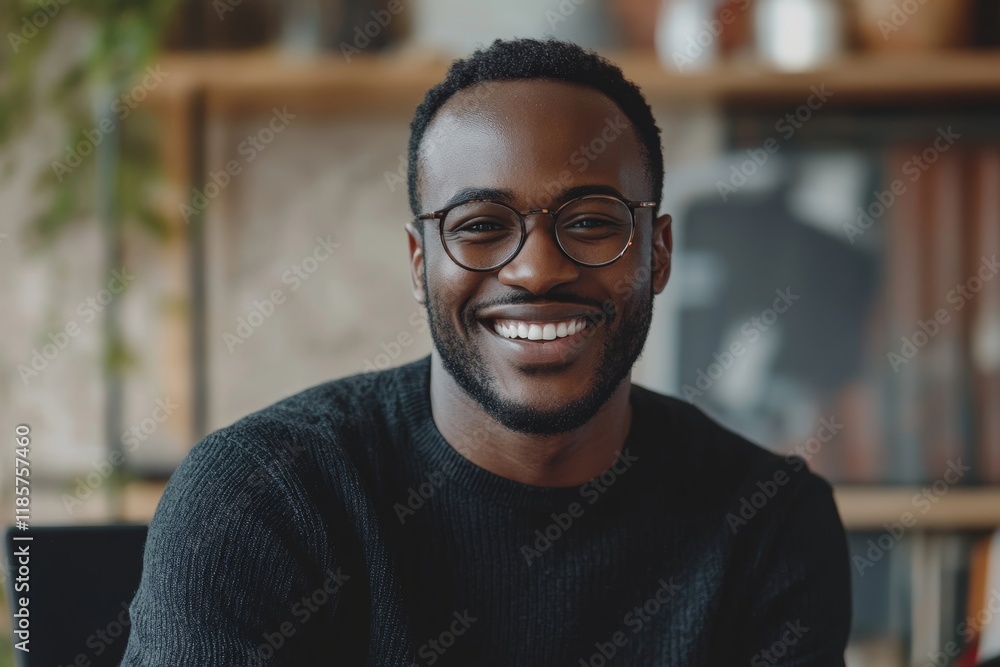Happy entrepreneur talking while having video call in office. Generative AI Happy entrepreneur talking while having video call in office. Generative AI