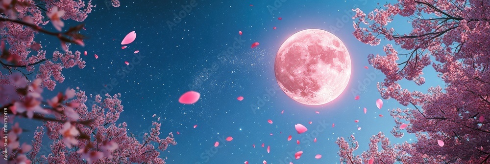 pink moon is shining in the sky, surrounded by cherry blossoms and falling petals pink moon is shining in the sky, surrounded by cherry blossoms and falling petals