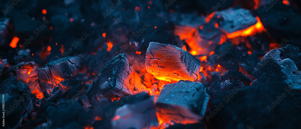 Fototapeta premium Glowing fire embers scattered against a black background with bright hot sparks