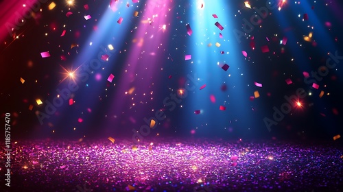 Festive stage with colorful confetti and spotlights.