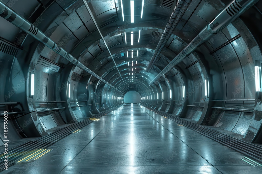 A futuristic tunnel with metallic walls and illuminated panels, suggesting advanced technology and transport. A futuristic tunnel with metallic walls and illuminated panels, suggesting advanced technology and transport.