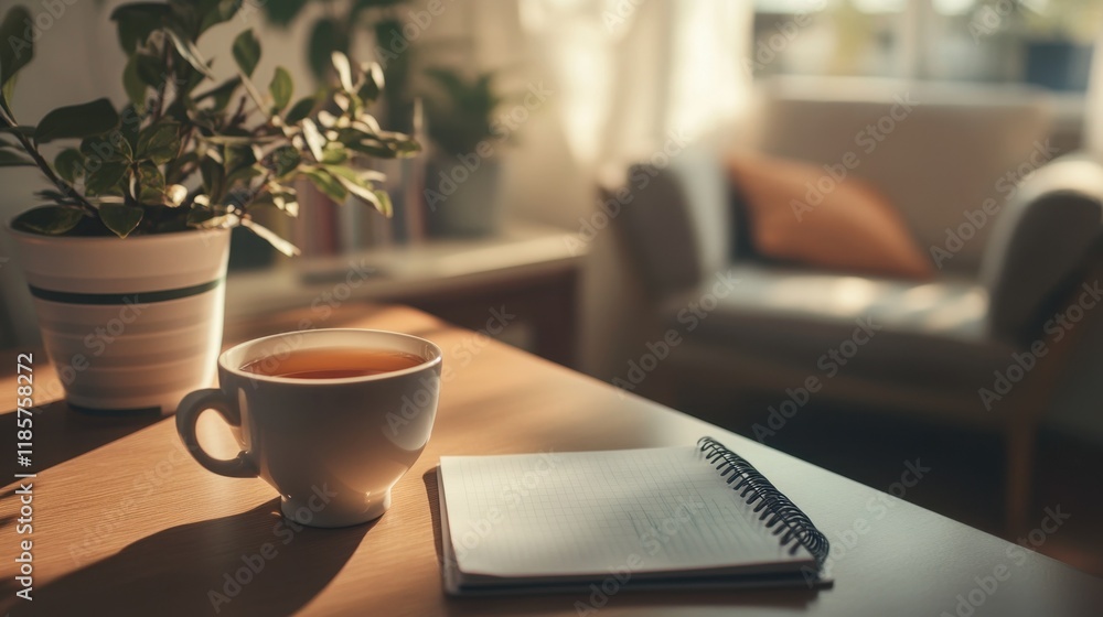 A psychologist's consultation desk with a notepad, a calming decoration like a small plant, and a warm cup of tea, set in a softly lit office with comfortable seating. A psychologist's consultation desk with a notepad, a calming decoration like a small plant, and a warm cup of tea, set in a softly lit office with comfortable seating.