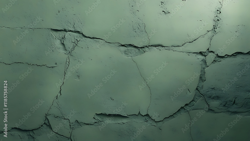 Obraz premium Cracked Green Wall Texture Close-Up of Weathered and Textured Plaster Surface with Natural Cracks and Detailed Patterns.