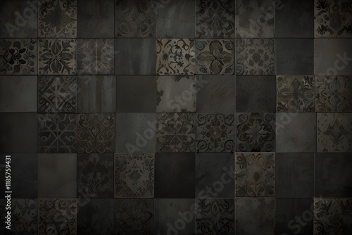 Old black anthracite vintage shabby patchwork damask motif tiles stone concrete cement wall texture background Generative AI photo