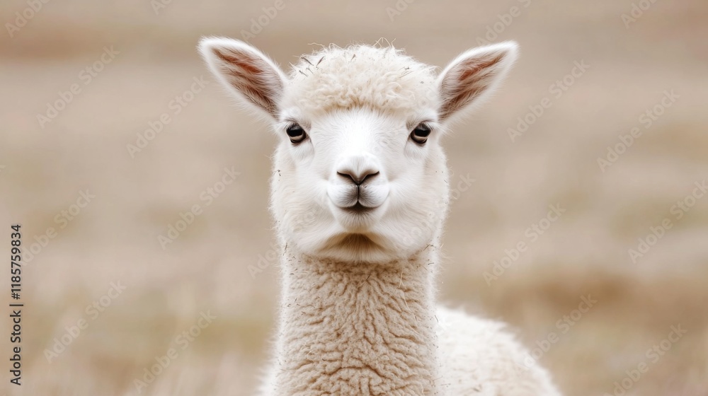 Close-up portrait of a fluffy white alpaca staring directly at the camera. Close-up portrait of a fluffy white alpaca staring directly at the camera.