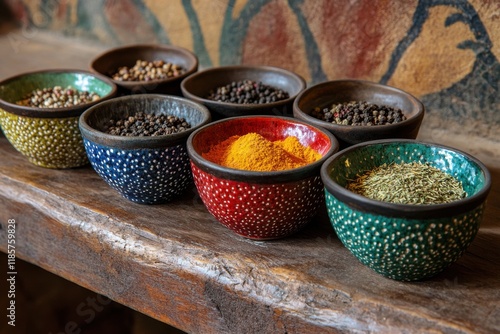 A row of colorful bowls with spices in them photo