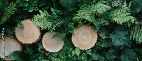 Green ferns and wooden slices create a natural woodland flat lay setup photo