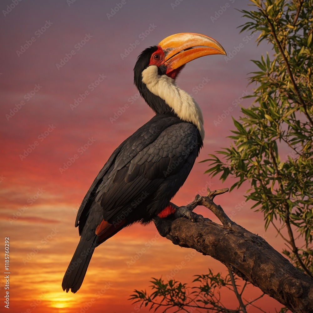 Fototapeta premium A hornbill perched on a branch against a vibrant red and gold sunrise.