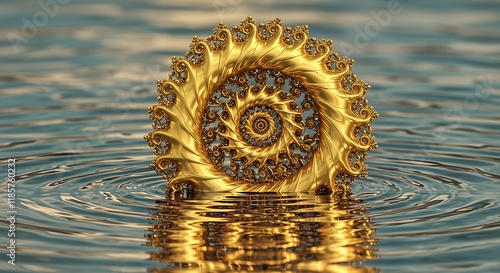 Golden Spiral Fractal Art on Water Luxury Abstract 3D Render