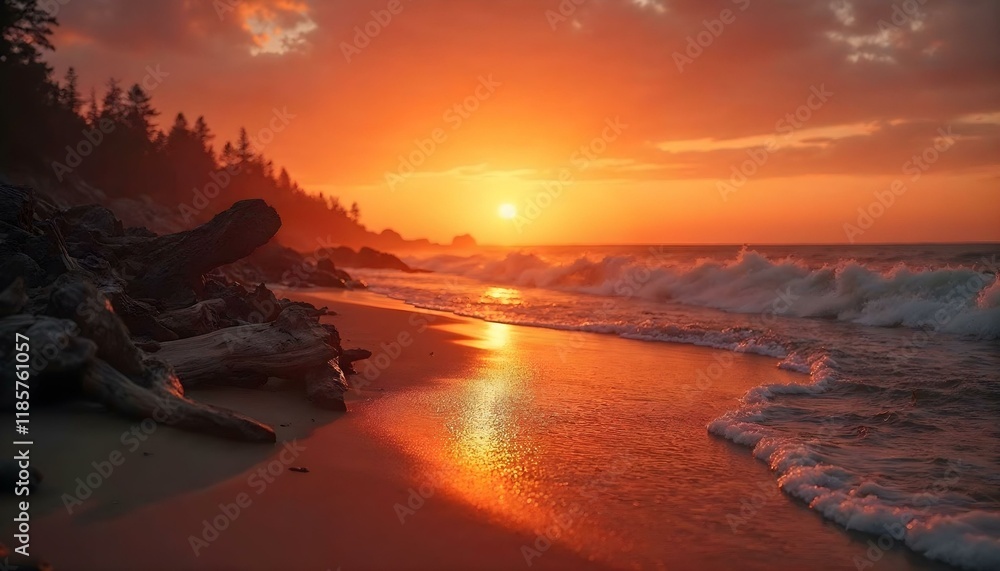 A vibrant sunset over the ocean, with waves crashing onto the shore, creating a captivating landscape scene A vibrant sunset over the ocean, with waves crashing onto the shore, creating a captivating landscape scene