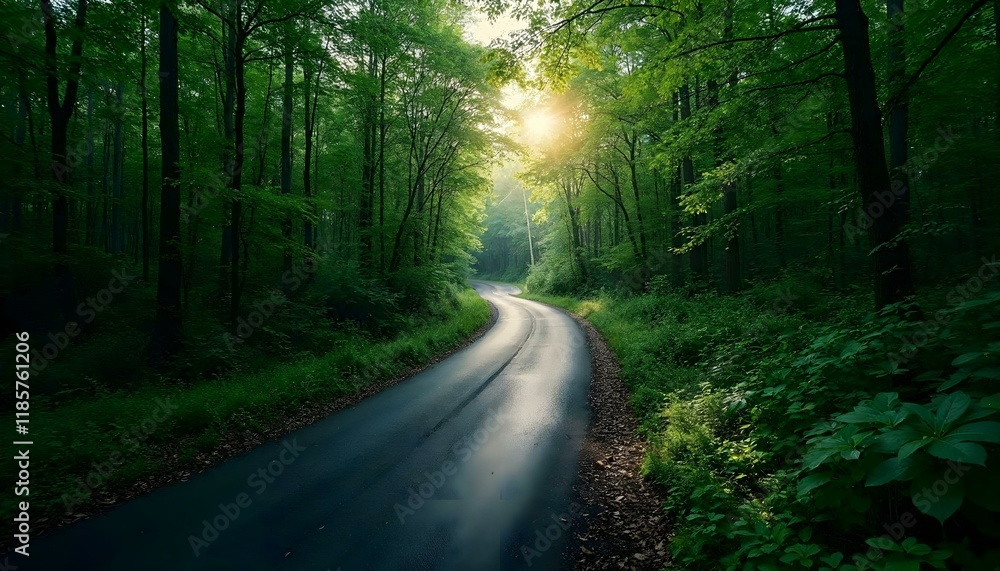 A calm road extends through a flourishing forest, with sunlight pouring through the foliage overhead A calm road extends through a flourishing forest, with sunlight pouring through the foliage overhead