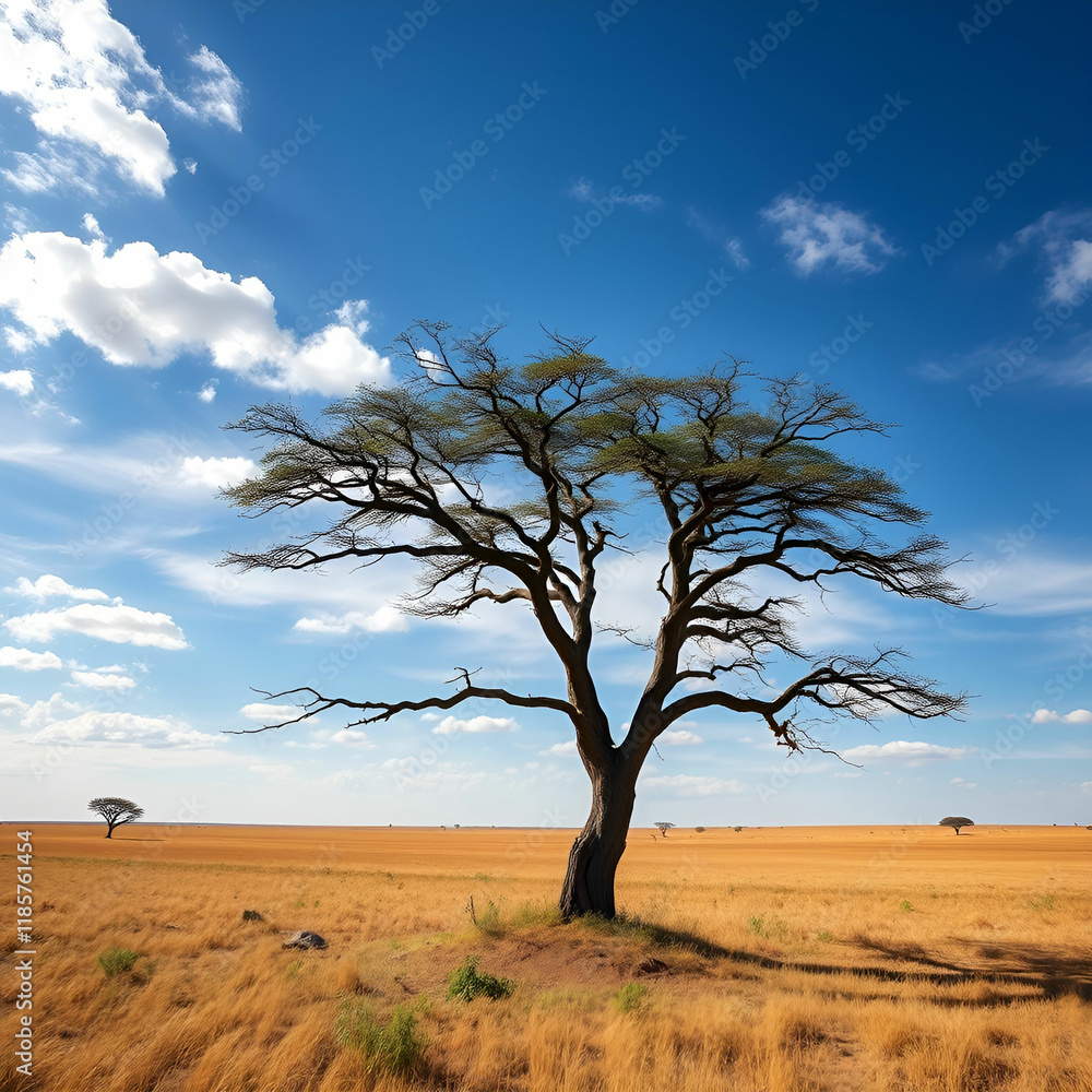 Beautiful shot of a tree in the savanna plains with the blue sky Beautiful shot of a tree in the savanna plains with the blue sky