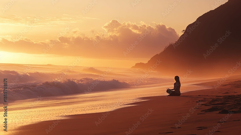 Obraz premium Serene Sunset Meditation: Woman Silhouetted on Golden Beach