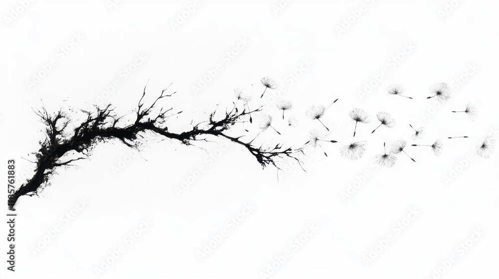 A dandelion with its seeds lifting off in the wind, leaving behind a faint trail, isolated on a pure white background. A dandelion with its seeds lifting off in the wind, leaving behind a faint trail, isolated on a pure white background.