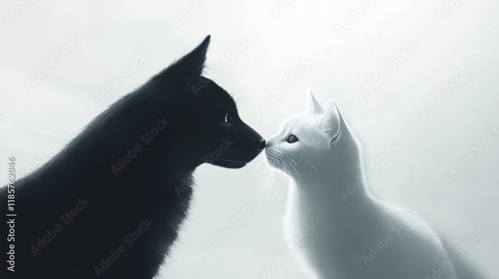 A dog and a cat touching noses gently, with soft rays of light highlighting their bond, set on a minimalist white background. A dog and a cat touching noses gently, with soft rays of light highlighting their bond, set on a minimalist white background.