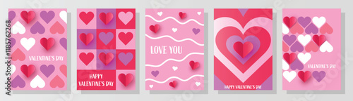 Valentine’s Day greeting card set with paper cut heart. Abstract design. Vector illustration