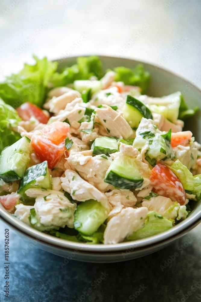 A bowl of chicken salad with cucumber, tomato, and lettuce on the table A bowl of chicken salad with cucumber, tomato, and lettuce on the table