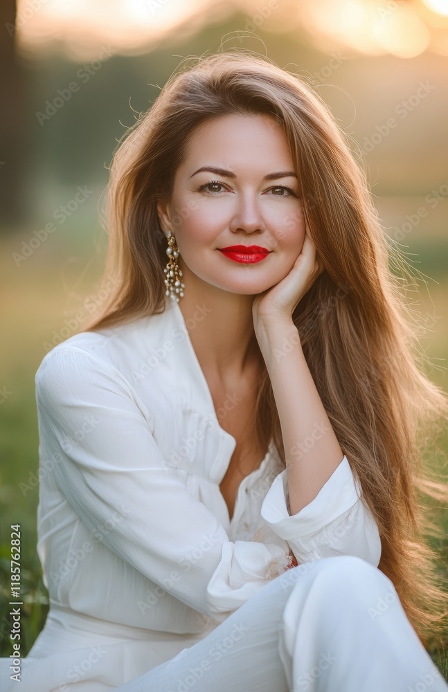 A beautiful Russian woman in her thirties, wearing a white dress and with red nail polish on her hands, sits outside during the golden hour. A beautiful Russian woman in her thirties, wearing a white dress and with red nail polish on her hands, sits outside during the golden hour.
