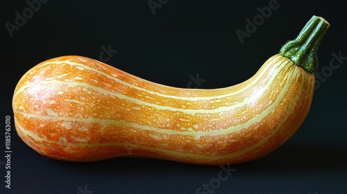 Striped Orange and Yellow Curved Squash on Dark Background photo