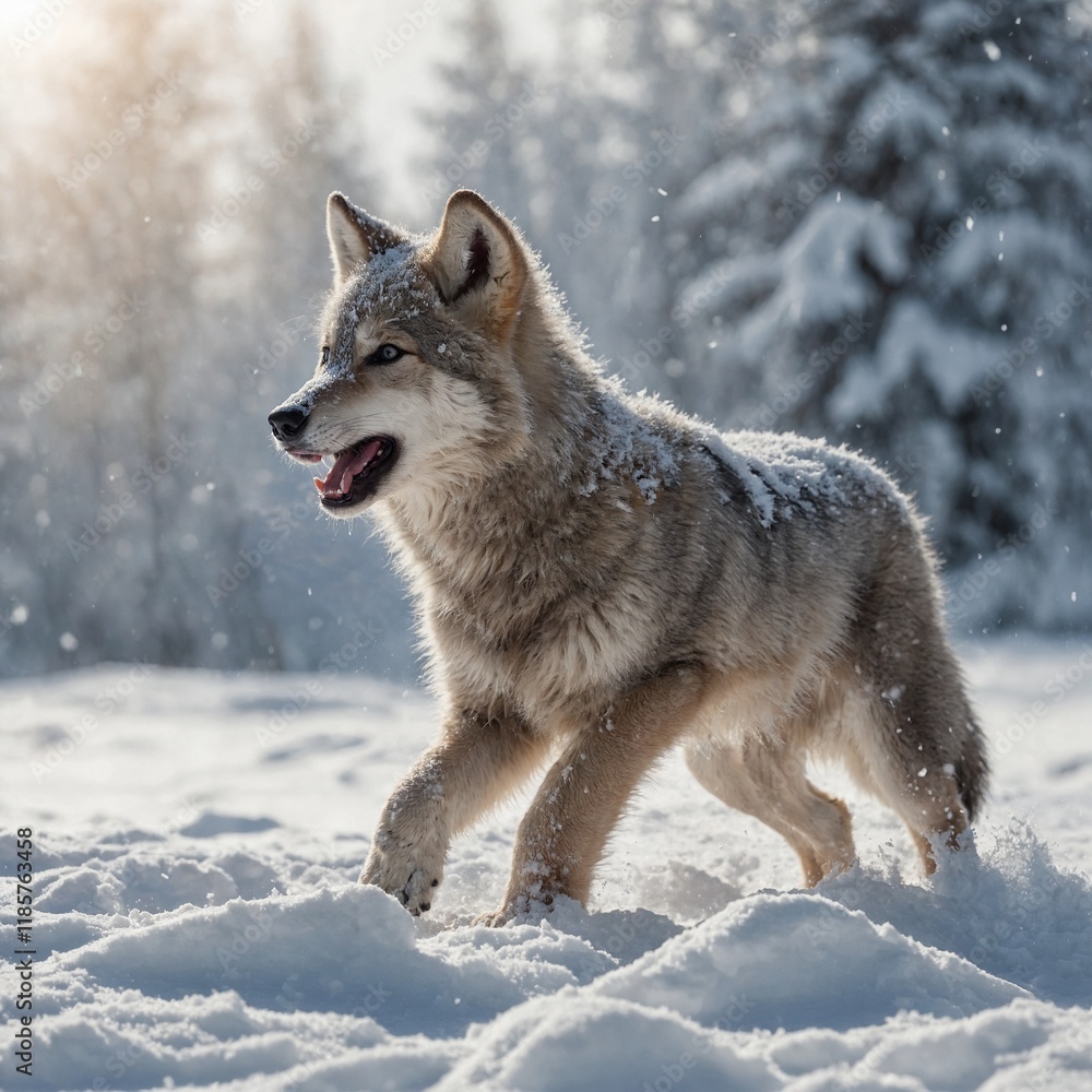 A happy wolf cub playing in the snow on a white background. A happy wolf cub playing in the snow on a white background.