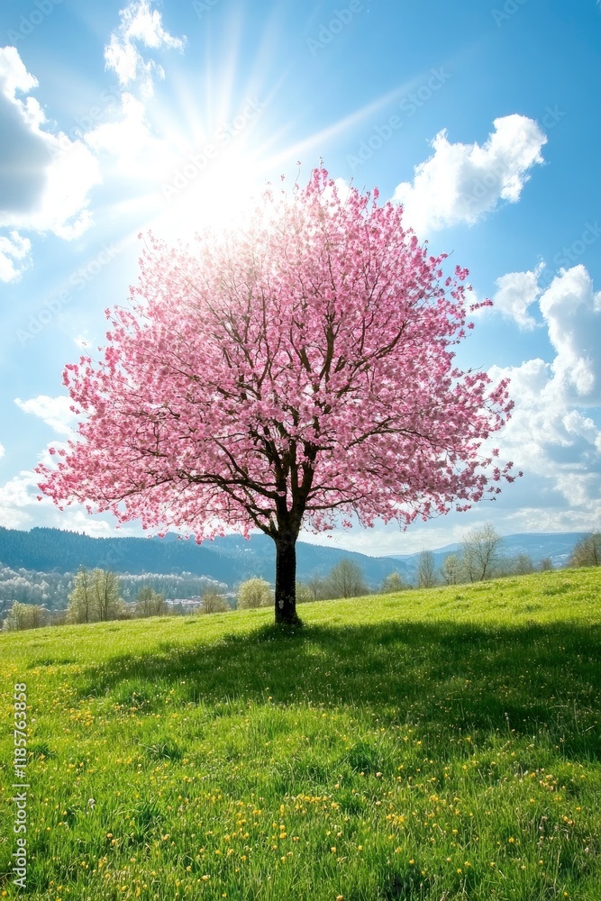 Beautiful pink cherry blossom tree in full bloom on a green grass field with a blue sky and sun rays shining through the petals. Beautiful pink cherry blossom tree in full bloom on a green grass field with a blue sky and sun rays shining through the petals.