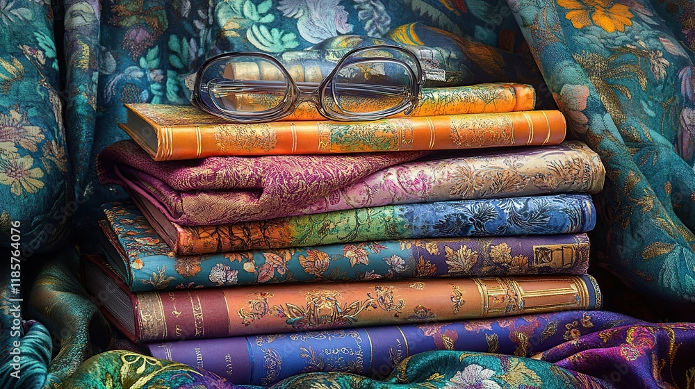Stack of colorful books with glasses on top, resting on patterned fabric. Stack of colorful books with glasses on top, resting on patterned fabric.