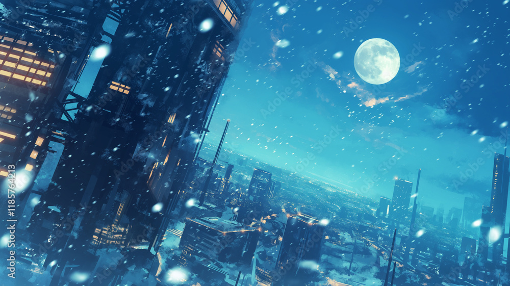 真冬の満月と夜空、雪が降り続く都市のイラスト。煌めく都会。日本の四季。 真冬の満月と夜空、雪が降り続く都市のイラスト。煌めく都会。日本の四季。