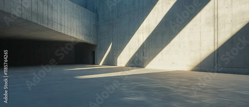 Panel kuchenny z motywem Modern industrial space with light gray concrete walls and shadows striking the floor