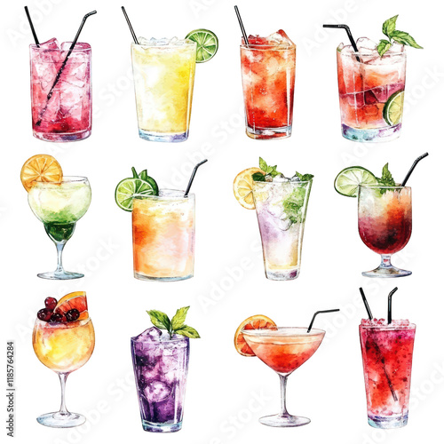 Colorful Cocktail Drinks Watercolor Illustration Summer Drinks Menu