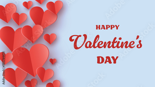 Happy Valentine’s Day greeting card with flying paper cut hearts. Vector illustration