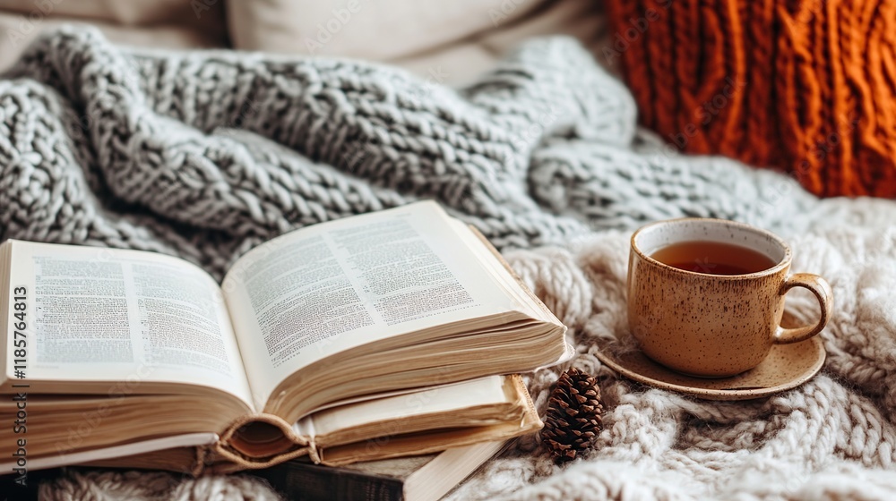 Cozy autumn scene open book, tea, knit blankets. Cozy autumn scene open book, tea, knit blankets.