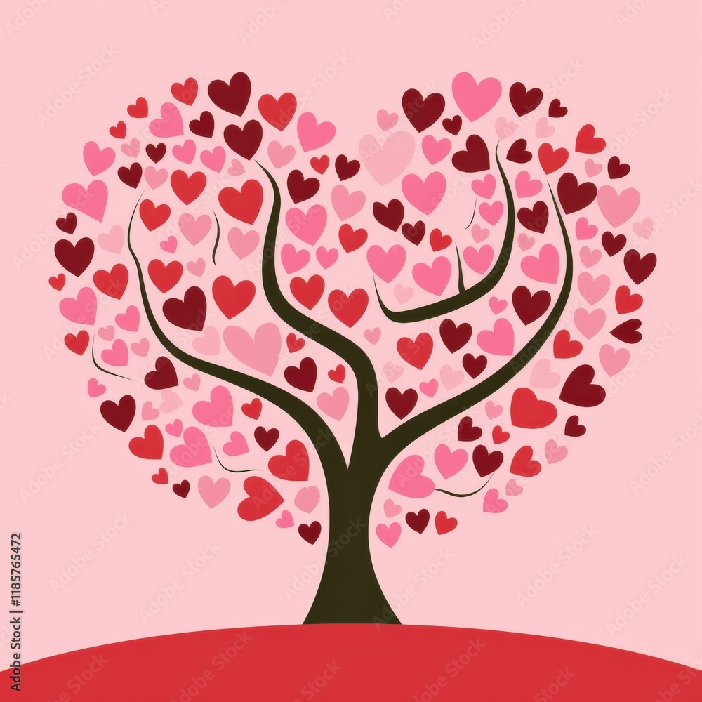 Fototapeta premium Heart-Shaped Tree Illustration Red & Pink Hearts Pastel Background Valentine's Day