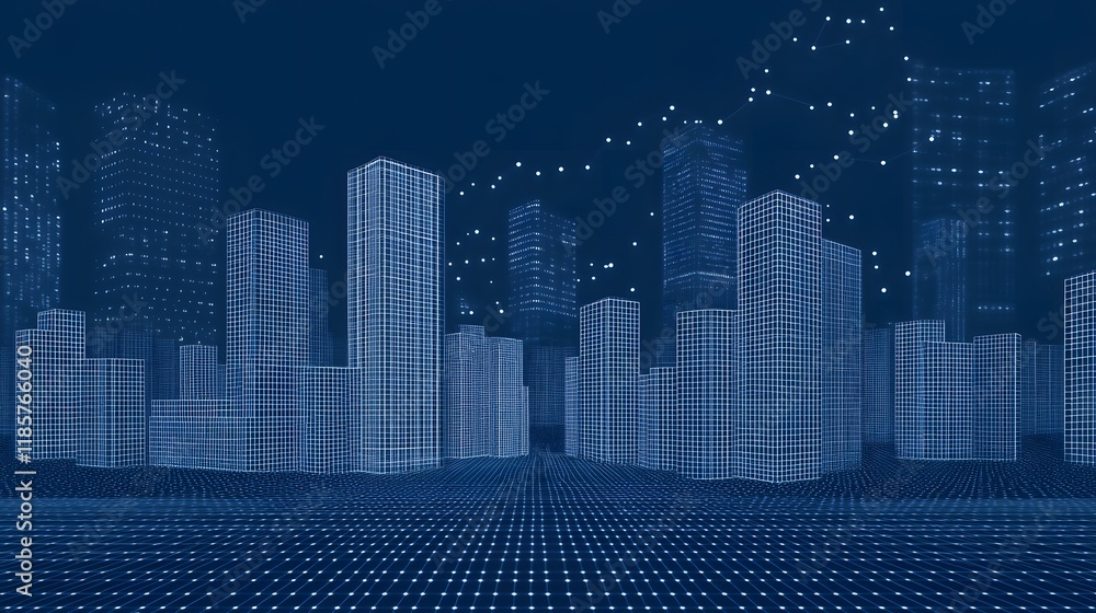 Obraz premium Digital Cityscape Wireframe Buildings Network