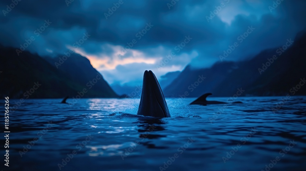 Fototapeta premium Silhouette of Dolphins at Dusk in Fjord